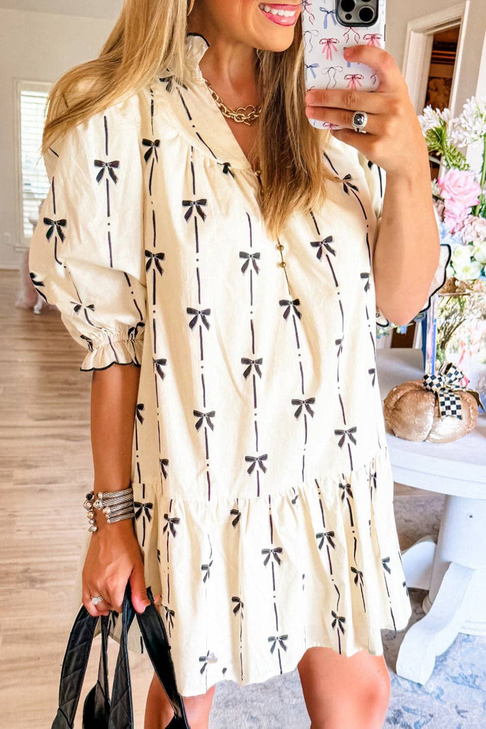 Bowknot Printed Bubble Sleeve V Neck Mini Dress