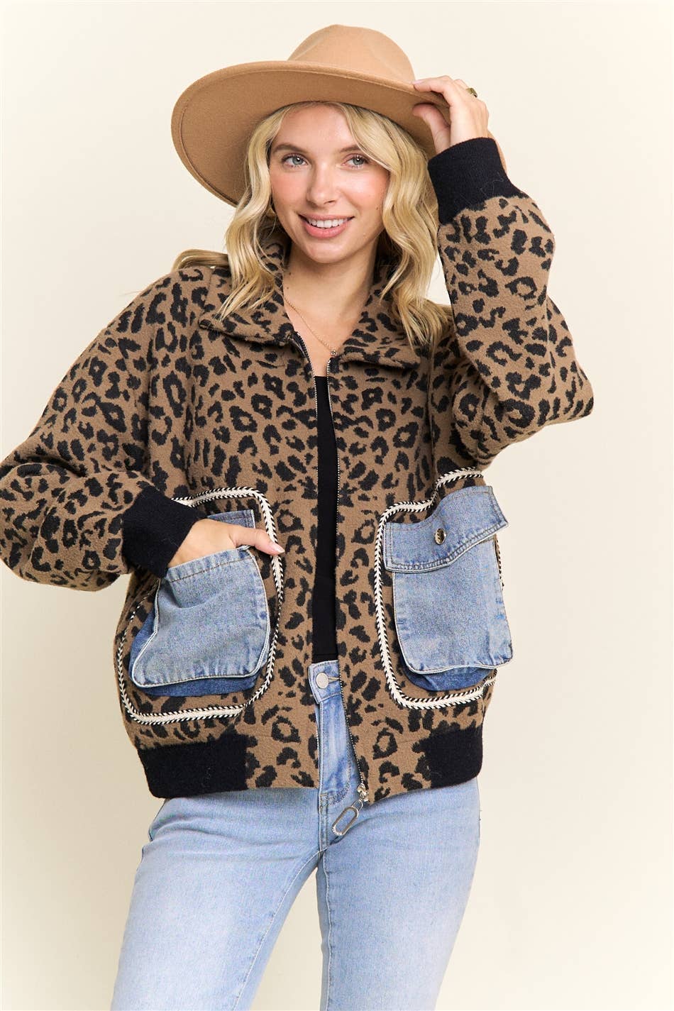 LEOPARD PRINT JACKET WITH DENIM POCKETS
