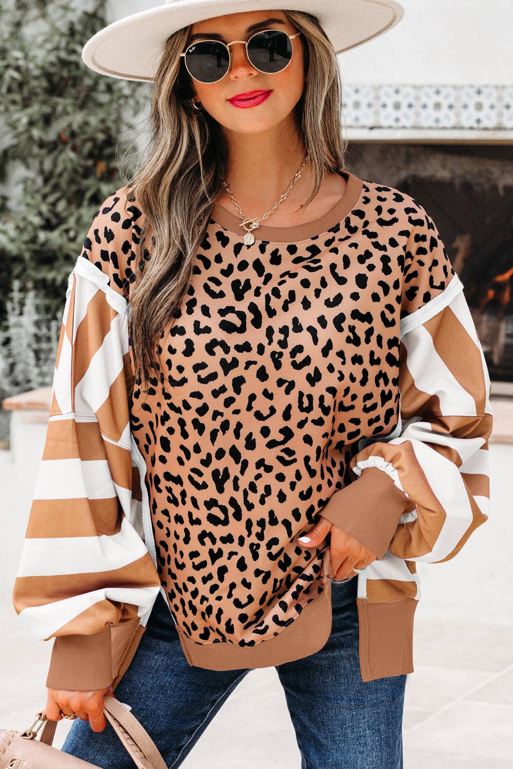 Casual Leopard and Striped Sleeve Crewneck