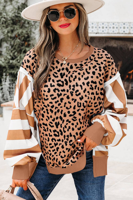 Casual Leopard and Striped Sleeve Crewneck