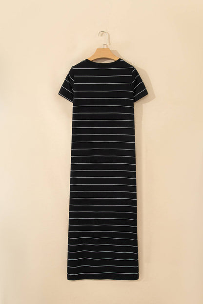 Stripe Short Sleeve Side Slit Maxi T Shirt Dress