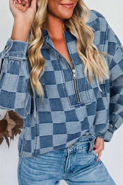 Checkered Denim 1/4 Zip